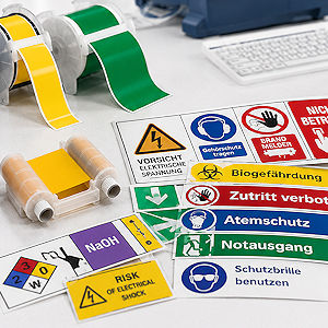 Rohrmarkierer, Sicherheitsetiketten und Warnschilder