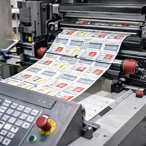 Etikettenproduktion mit bedruckter Materialbahn in der Druckmaschine